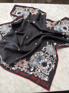 Alexander McQueen Black Silk Skull and Jewel Print Scarf